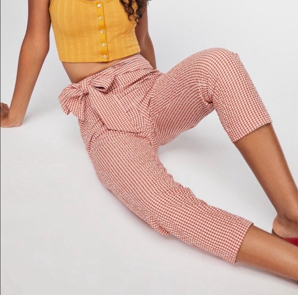 Free People West Side Tie Gingham Seersucker Crop Pants High Rise Rust 4 Boho